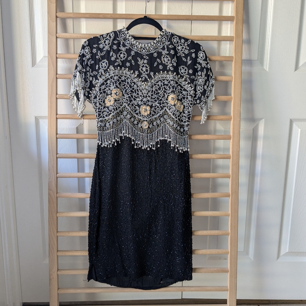 Vintage 1980s Beaded Sequin Silk Cocktail Dress